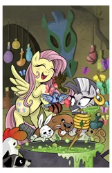 Size: 825x1275 | Tagged: safe, artist:brendahickey, derpibooru import, idw, angel bunny, fluttershy, zecora, beaver, bird, butterfly, chicken, pegasus, pony, rabbit, raccoon, squirrel, zebra, friends forever, spoiler:comic, spoiler:comicff5, angel is a bunny bastard, animal, cover, happy