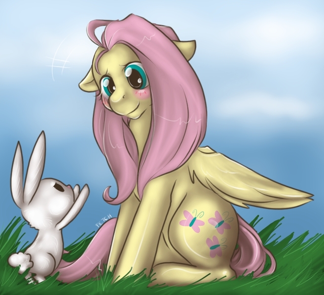 Size: 794x725 | Tagged: angel bunny, artist:cnat, derpibooru import, floppy ears, fluttershy, safe, sitting