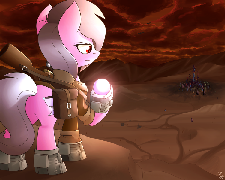 Size: 1792x1434 | Tagged: safe, artist:shinodage, derpibooru import, oc, oc:platinum chalice, unofficial characters only, fallout equestria, crystal empire, gun, memory orb, rifle