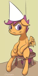 Size: 449x900 | Tagged: 30 minute art challenge, angry, artist:draneas, derpibooru import, detention, dunce hat, hat, safe, scootaloo, sitting, solo