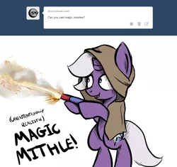 Size: 1314x1236 | Tagged: safe, artist:artguydis, derpibooru import, oc, oc:disastral, unofficial characters only, pony, askdisastral, bipedal, broken horn, caption, clothes, fireworks, hood, magic missile, robe, roman candle, simple background