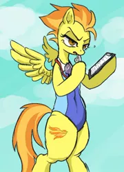 Size: 500x695 | Tagged: safe, artist:susu, derpibooru import, spitfire, pony, belly button, bipedal, clothes, one-piece swimsuit, pixiv, solo, stupid sexy spitfire, swimsuit, whistle