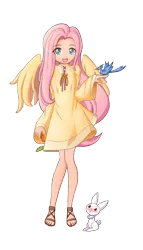 Size: 1233x2151 | Tagged: angel bunny, anime, artist:angriestangryartist, bird, blushing, clothes, derpibooru import, dress, edit, fluttershy, human, humanized, safe, sandals, winged humanization