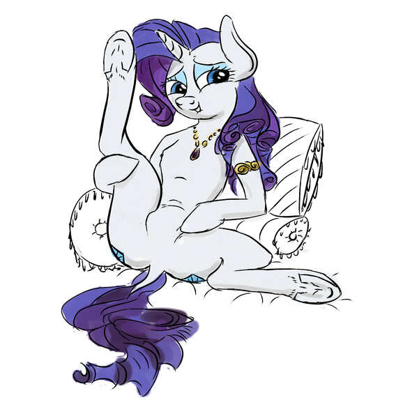 Size: 1885x1990 | Tagged: artist:pwnyville, derpibooru import, dock, featureless crotch, legs in air, necklace, on back, raised leg, rarity, solo, suggestive, underhoof