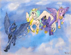 Size: 3300x2550 | Tagged: safe, artist:peichenphilip, derpibooru import, princess cadance, princess celestia, princess luna, twilight sparkle, twilight sparkle (alicorn), alicorn, pony, alicorn tetrarchy, female, flying, high res, looking at you, mare, open mouth, smiling, spread wings, traditional art, watercolor painting