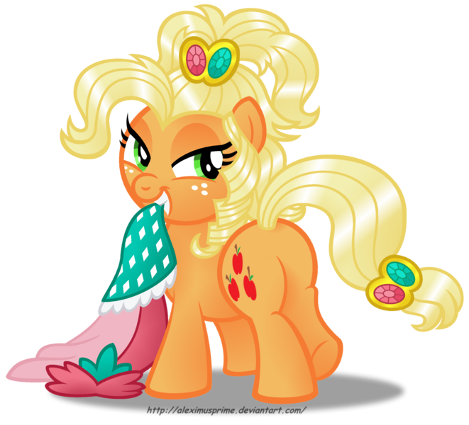 Size: 1280x1162 | Tagged: alternate hairstyle, applejack, applejewel, artist:aleximusprime, bedroom eyes, clothes, derpibooru import, dress, female, grin, looking back, mouth hold, plot, simple background, smiling, solo, solo female, suggestive, transparent background