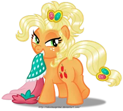 Size: 1280x1162 | Tagged: alternate hairstyle, applejack, applejewel, artist:aleximusprime, bedroom eyes, clothes, derpibooru import, dress, female, grin, looking back, mouth hold, plot, simple background, smiling, solo, solo female, suggestive, transparent background