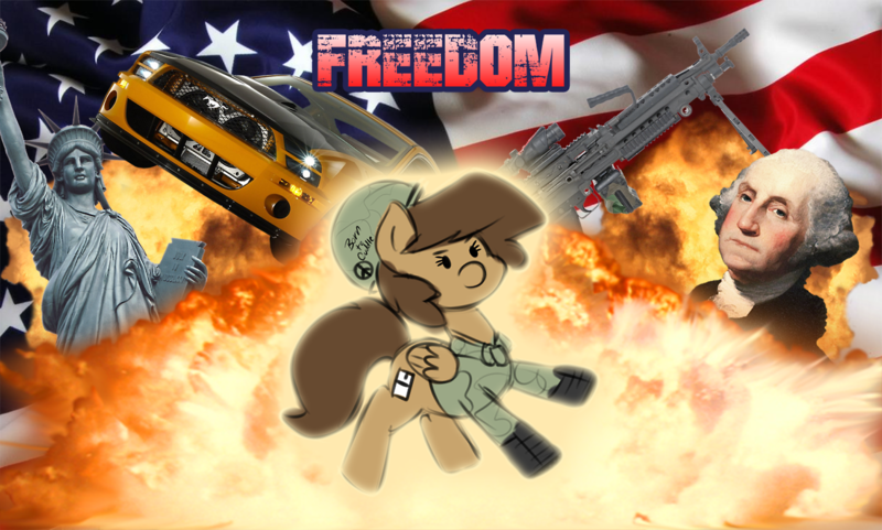 Size: 1280x769 | Tagged: american independence day, artist:stunnerpone, car, clothes, cuddling, derpibooru import, explosion, flag, freedom, george washington, gun, helmet, independence day, murica, mustang, oc, oc:georgia lockheart, safe, smiling, snuggling, statue of liberty, uniform, unofficial characters only, weapon