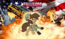 Size: 1280x769 | Tagged: american independence day, artist:stunnerpone, car, clothes, cuddling, derpibooru import, explosion, flag, freedom, george washington, gun, helmet, independence day, murica, mustang, oc, oc:georgia lockheart, safe, smiling, snuggling, statue of liberty, uniform, unofficial characters only, weapon