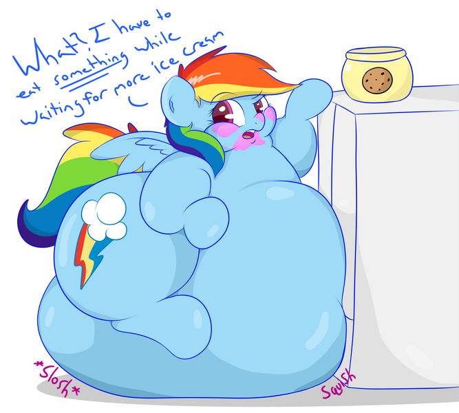 Size: 2600x2339 | Tagged: artist:graphenescloset, belly, cookie, cookie jar, derpibooru import, fat, food, impossibly large belly, messy, morbidly obese, obese, questionable, rainblob dash, rainbow dash, solo