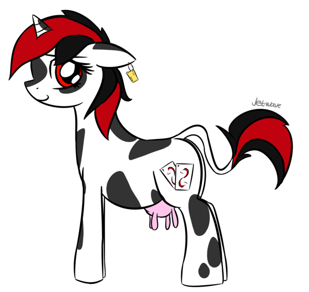 Size: 3200x3025 | Tagged: safe, artist:jetwave, derpibooru import, oc, oc:blackjack, unofficial characters only, cow, cow pony, pony, unicorn, fallout equestria, fallout equestria: project horizons, fanfic, fanfic art, female, hooves, horn, mare, solo, species swap, udder