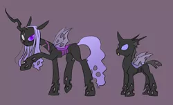 Size: 1281x780 | Tagged: artist:carnifex, blind, blind eye, changeling, changeling queen, changeling queen oc, derpibooru import, eye scar, female, frown, glare, lacera hive, looking at you, oc, oc:lacera, purple background, purple changeling, raised hoof, safe, scar, simple background, unofficial characters only