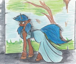 Size: 2945x2463 | Tagged: safe, artist:zubias, derpibooru import, oc, oc:tripwire, unofficial characters only, pony, unicorn, fallout equestria, clothes, dress, traditional art