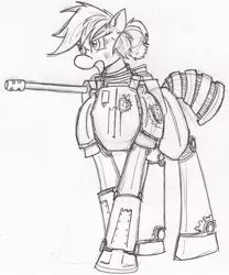Size: 1280x1537 | Tagged: armor, artist:zubias, derpibooru import, fallout equestria, gun, monochrome, oc, powered exoskeleton, safe, solo, steel ranger, steel rangers, traditional art, unofficial characters only