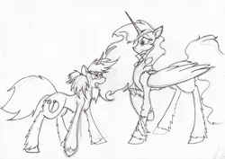 Size: 1280x906 | Tagged: safe, artist:zubias, derpibooru import, oc, oc:lilac prism, oc:tripwire, unofficial characters only, alicorn, pony, fallout equestria, alicorn oc, monochrome, traditional art