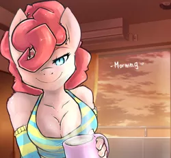 Size: 2072x1914 | Tagged: suggestive, artist:angelwing314, derpibooru import, pinkie pie, anthro, breasts, cleavage, coffee, female, hair over one eye, morning, smiling, solo