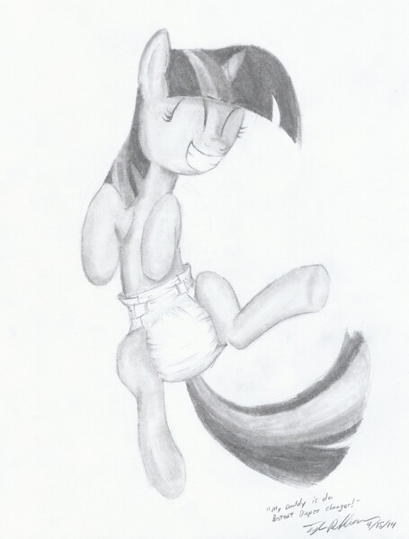 Size: 971x1280 | Tagged: adult foal, artist:millenniumf, derpibooru import, diaper, diaper fetish, female, monochrome, poofy diaper, questionable, solo, solo female, twilight sparkle