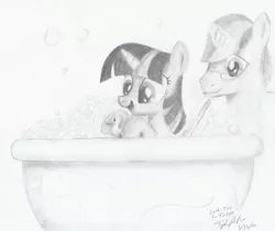 Size: 1280x1076 | Tagged: artist:millenniumf, bath, derpibooru import, monochrome, oc, oc:vector scamp, rubber duck, safe, twilight sparkle