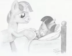 Size: 1280x987 | Tagged: adult foal, artist:millenniumf, bed, derpibooru import, monochrome, oc, oc:vector scamp, pacifier, safe, sleeping, twilight sparkle