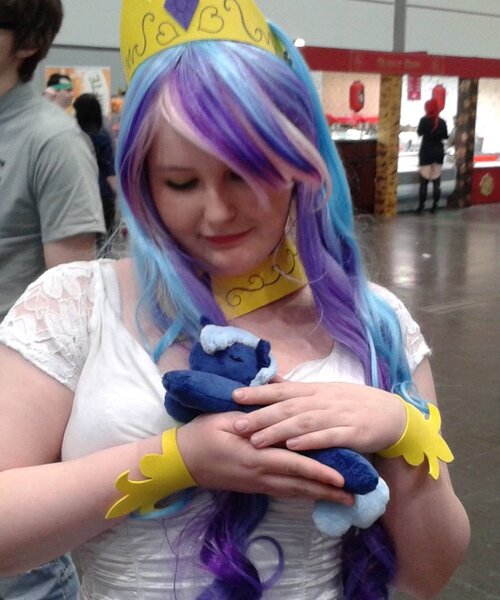 Size: 1024x1228 | Tagged: 2014, artist:celestia-in-love, convention, cosplay, derpibooru import, eyes closed, filly, human, irl, irl human, leipzig book fair, photo, plushie, princess celestia, princess luna, s1 luna, safe, woona