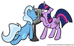 Size: 913x578 | Tagged: safe, artist:egophiliac, derpibooru import, trixie, twilight sparkle, twilight sparkle (alicorn), alicorn, pony, unicorn, tumblr:inconvenient trixie, binoculars, duo, female, floppy ears, frown, funny, inconvenient trixie, mare, simple background, spyglasses, stuck, tumblr, unamused, white background