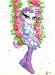 Size: 781x1059 | Tagged: safe, artist:prettypinkpony, derpibooru import, rarity, equestria girls, rose, solo, swing, traditional art