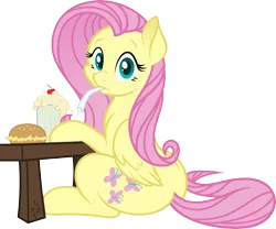 Size: 4191x3479 | Tagged: safe, artist:latecustomer, artist:silverrainclouds, derpibooru import, fluttershy, pegasus, pony, burger, cute, drink, female, food, hay burger, looking at you, looking back, mare, milkshake, mouth hold, shyabetes, simple background, sitting, solo, straw, transparent background, vector