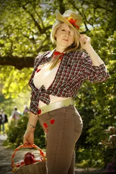 Size: 427x640 | Tagged: safe, artist:yakko, derpibooru import, applejack, human, apple, basket, clothes, cosplay, irl, irl human, outdoors, pants, photo