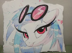 Size: 1067x800 | Tagged: artist:prettypinkpony, derpibooru import, eyelashes, looking at you, safe, smiling, smirk, solo, traditional art, vinyl scratch, watercolor painting