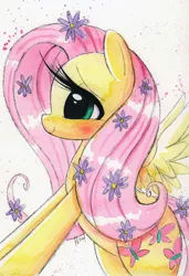 Size: 800x1170 | Tagged: safe, artist:prettypinkpony, derpibooru import, fluttershy, blushing, cute, eyelashes, flower, flower in hair, profile, smiling, solo, spread wings, traditional art, watercolor painting