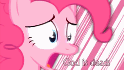 Size: 550x310 | Tagged: safe, derpibooru import, pinkie pie, ponies: the anthology 3, animated, atheism, crossover, d:, god is dead, nichijou, open mouth, parody, solo, tongue out, vibrating, wide eyes