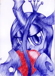 Size: 2093x2856 | Tagged: artist:varijani, derpibooru import, heart, looking at you, portrait, queen chrysalis, safe, solo, traditional art