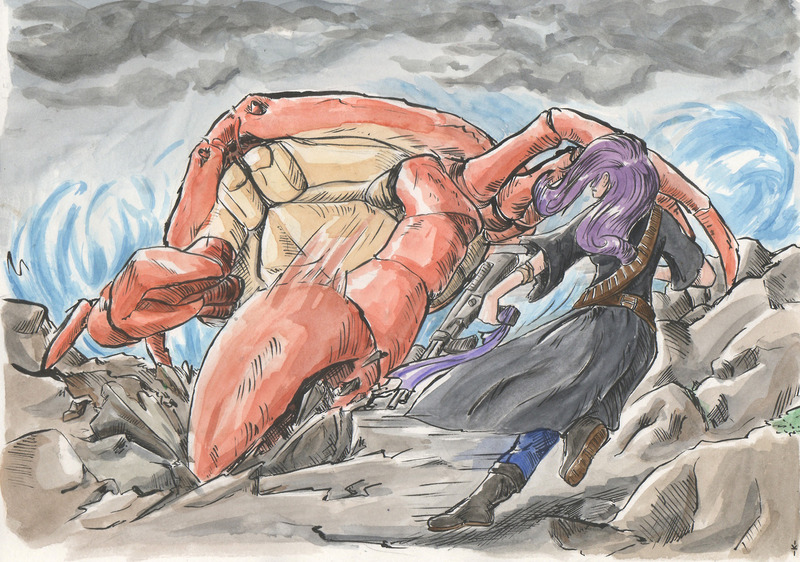 Size: 1280x899 | Tagged: artist:thekuto, crab, derpibooru import, fight, giant crab, gun, human, humanized, rarity, rarity fighting a giant crab, safe, traditional art, watercolor painting