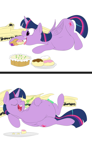 Size: 2800x4446 | Tagged: safe, artist:anonopony, derpibooru import, twilight sparkle, twilight sparkle (alicorn), alicorn, pony, belly, belly button, bellyrubs, burp, donut, eating, eyes closed, fat, female, food, mare, obese, on back, pie, solo, squishy, stomach noise, stuffed, stuffing, twilard sparkle