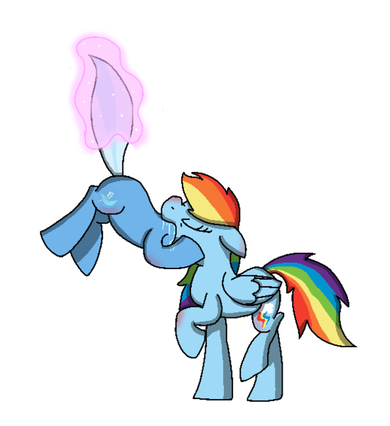 Size: 594x649 | Tagged: artist:theinternetismaze, derpibooru import, drool, female, fetish, lesbian, levitation, magic, magic aura, preddash, rainbow dash, raised tail, self-levitation, shipping, suggestive, telekinesis, trixdash, trixie, vore, willing vore