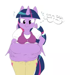 Size: 2800x3000 | Tagged: safe, artist:anonopony, derpibooru import, twilight sparkle, twilight sparkle (alicorn), alicorn, anthro, belly, belly button, belly grab, big belly, chubby, chubby twilight, fat, need to go on a diet, need to lose weight, obese, solo, squishy, sucking, thought bubble, tight clothing, too fat, twilard sparkle, wavy mouth