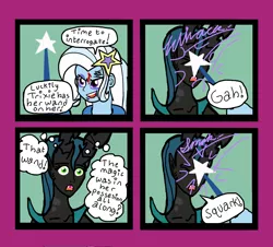 Size: 1338x1208 | Tagged: safe, artist:oneovertwo, derpibooru import, queen chrysalis, trixie, equestria girls, comic, trixie enemy of, trixie enemy of a rare situation