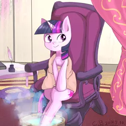 Size: 1000x1000 | Tagged: artist:coldbest, chair, derpibooru import, quill, safe, sitting, solo, steam, towel, twilight sparkle