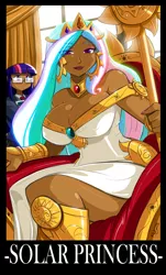 Size: 1024x1699 | Tagged: artist:shonuff44, bedroom eyes, breasts, busty princess celestia, caption, cleavage, dark skin, derpibooru import, female, females only, human, humanized, jewelry, looking at you, nail polish, princess celestia, sitting, smiling, suggestive, throne, twilight sparkle
