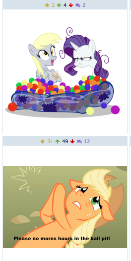 Size: 264x525 | Tagged: safe, derpibooru import, applejack, derpy hooves, rarity, pegasus, pony, derpibooru, applepray, ball pit, dashcon, exploitable meme, female, juxtaposition, juxtaposition win, mare, meme, meta