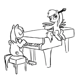 Size: 600x600 | Tagged: safe, artist:deerspit, artist:naroclie, derpibooru import, big macintosh, derpy hooves, earth pony, pegasus, pony, black and white, female, grayscale, male, mare, microphone, monochrome, piano, simple background, sketch, stallion, white background