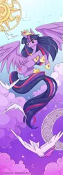 Size: 327x900 | Tagged: safe, artist:cinnamoron, derpibooru import, twilight sparkle, twilight sparkle (alicorn), alicorn, bird, dove, pony, crown, female, flying, hoof shoes, jewelry, mare, peytral, regalia, solo