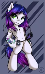 Size: 667x1100 | Tagged: safe, artist:kairaanix, derpibooru import, oc, oc:kaira, unofficial characters only, pony, semi-anthro, bipedal, headphones, iphone, piercing, smiling, smirk, solo, tattoo