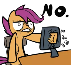 Size: 1100x1000 | Tagged: artist:ocarina0ftimelord, computer, derpibooru import, no, reaction image, safe, scootaloo, screen punch