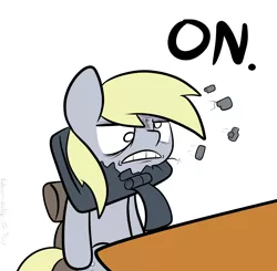 Size: 3400x3335 | Tagged: safe, artist:wonder-waffle, derpibooru import, derpy hooves, pegasus, pony, angry, computer, derp, female, frown, glare, gritted teeth, headbutt, high res, mare, no, on, reaction image, screen punch, solo, violence, wide eyes, yes