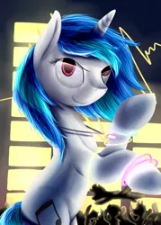 Size: 1024x1434 | Tagged: safe, artist:baldmoose, derpibooru import, vinyl scratch, pony, bipedal, glow rings, glowstick, missing accessory, party, solo