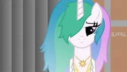 Size: 1280x720 | Tagged: alternate hairstyle, artist:mixermike622, derpibooru import, fluffle horse m.d., frown, hair over one eye, house m.d., messy mane, necklace, princess celestia, safe, solo