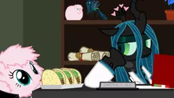 Size: 1280x720 | Tagged: artist:mixermike622, clothes, derpibooru import, desk, fluffle horse m.d., house m.d., oc, oc:fluffle puff, queen chrysalis, safe, taco