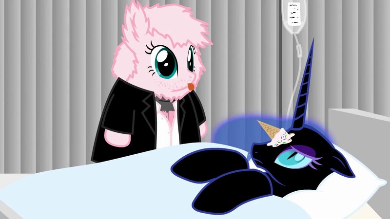 Size: 1280x720 | Tagged: artist:mixermike622, clothes, context is for the weak, cute, derpibooru import, fluffle horse m.d., hospital, house m.d., ice cream, nightmare moon, oc, oc:fluffle puff, princess luna, safe