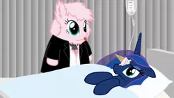 Size: 1280x720 | Tagged: safe, artist:mixermike622, derpibooru import, princess luna, oc, oc:fluffle puff, :p, clothes, context is for the weak, cute, floppy ears, fluffle horse m.d., frown, hospital, house m.d., ice cream, ice cream cone, lupus, on back, sad, stubble, tongue out